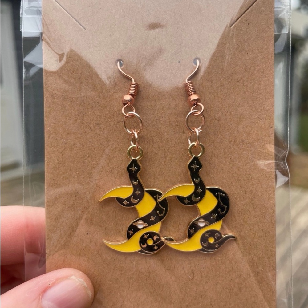 Hand-pieced Snake on the Moon Earrings